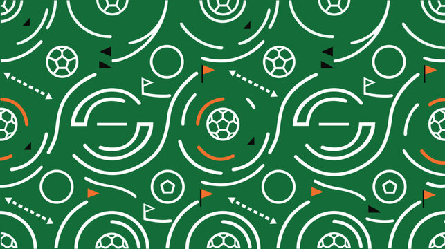 Seamless pattern of abstract soccer balls and tactical field movement strategy