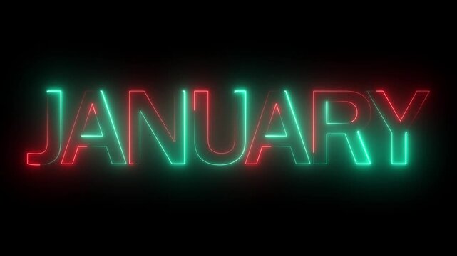 Neon January text animation on black background. january month neon line text concept. January neon looping animation. first month of year 4K video animaion.