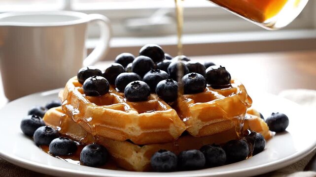 Maple syrup pouring over fresh waffles and blueberries