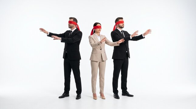 Three blindfolded businesspeople groping forward
