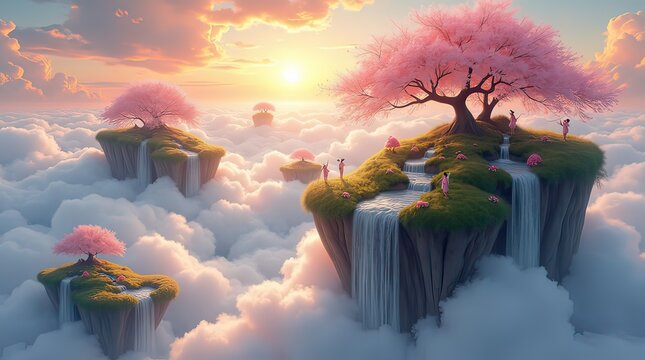 surreal fantasy landscape with floating islands cherry blossom trees waterfalls and people at sunset above the clouds