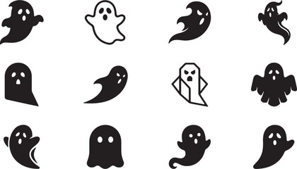 Fototapeta premium Set of twelve black and white ghost icons for halloween parties and spooky holiday designs