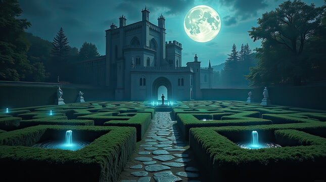mysterious gothic castle at night with an intricate hedge maze and a giant glowing full moon