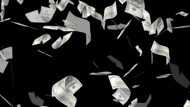 Money Falling - Dollar bills falling down from the sky.Money falling dollar banknotes on a transparent background.US dollar banknotes flying in super slow motion against black background.