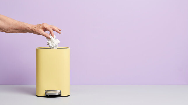 Elderly hand dropping crumpled white tissue into elegant trash bin on lavender background left side copy space