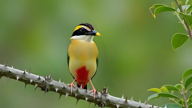 Blue-winged pitta perched on thorny tree branch bird nature wildlife animal thorns