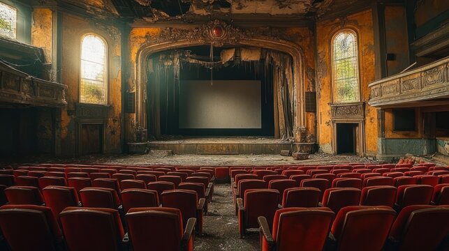 Abandoned ornate theater auditorium with rows of red velvet seats, tattered curtains and blank screen under a crumbling ceiling, light through tall arched windows; melancholic atmosphere
