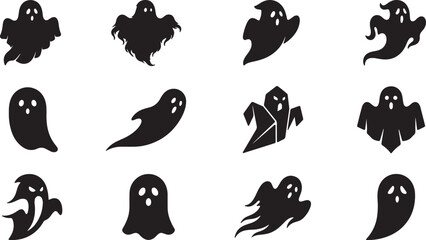 Fototapeta premium Set of black ghost icons for Halloween party designs and scary spooky holiday decorations