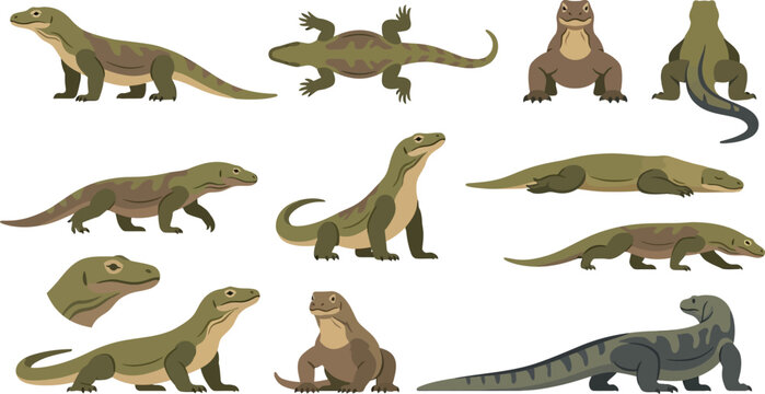 Flat vector collection of Komodo dragon poses showing various movements and anatomical angles for wildlife study