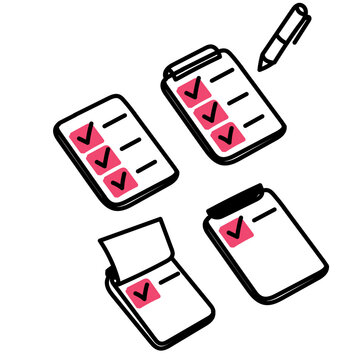 Set of handdrawn doodle style clipboard and checklist icons featuring check marks, tick signs, paper notes, and a pen. Perfect for productivity, to-do list, planning, business management, and educatio