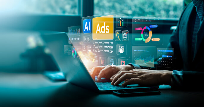 AI advertising campaign concept with business professional using laptop and digital ads dashboard showing marketing analytics creative content generation audience targeting and performance strategy