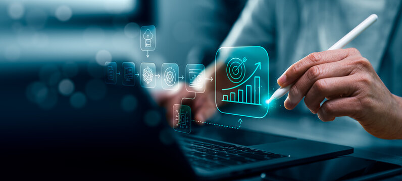 Digital transformation growth workflow concept with business professional using laptop and stylus showing connected process automation data analytics target goal and performance improvement