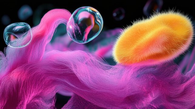 Dreamlike close-up of flowing pink fibrous ribbons, translucent floating bubbles and a soft yellow fuzzy pod conveying playful, surreal wonder