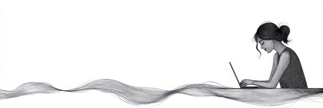 concentrated woman with hair in a bun typing on a laptop on a simple surface, surrounded by flowing abstract line waves and expansive white space, calm and focused mood