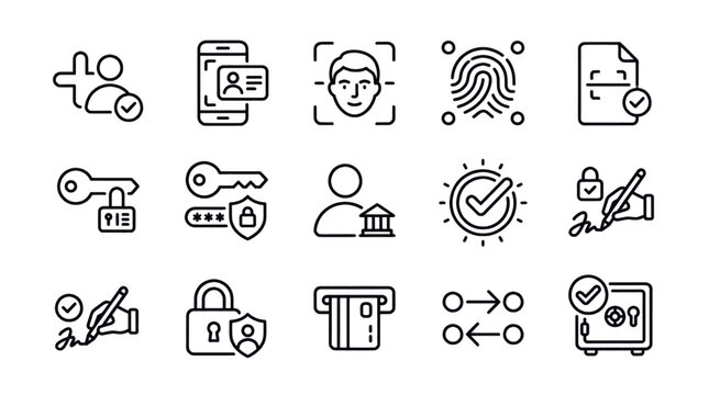 Collection of hand-drawn security and technology icons in black and white.