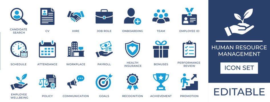 Human Resource Management Flat Icon Set, Vector HR Icons for Recruitment, Hiring, Payroll, Onboarding, Candidate Search, CV, Performance Review, and Teamwork