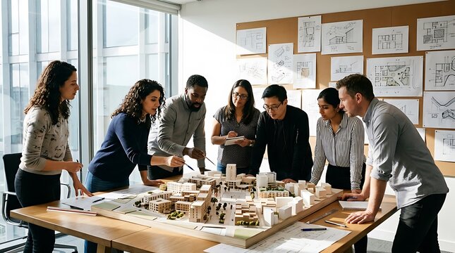 Diverse team of architects collaborating on an urban project model