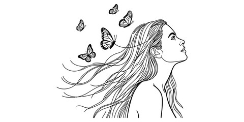 Beautiful young woman profile portrait with long flowing hair and butterflies flying around her head in a artistic black and white line art vector style Vector, illustration © Raj Creator