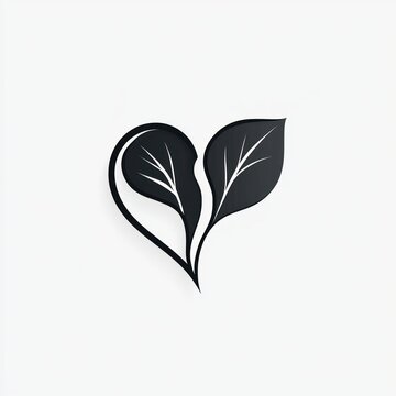 two stylized dark leaves forming a heart shape conveying love for nature, a minimal elegant plant icon with visible veins and soft shadow