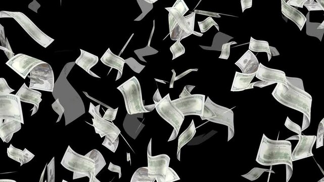 Money Falling - Dollar bills falling down from the sky.Money falling dollar banknotes on a transparent background.US dollar banknotes flying in super slow motion against black background.
