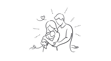 Obraz premium Loving Family Embrace: Parents Holding Newborn Baby, Minimalist Line Art, Heart Symbol