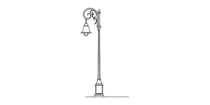 Classic vintage street lamp post with decorative iron scroll work in a simple black line drawing style for urban park lighting and exterior city design Vector, illustration