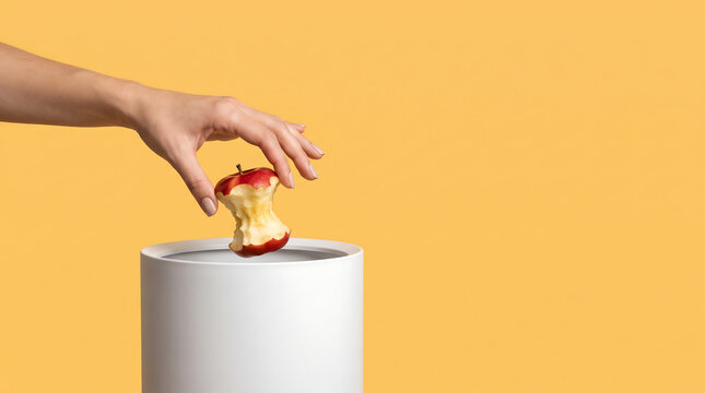 Female hand dropping fresh apple core into minimalist trash bin on yellow background left side copy space