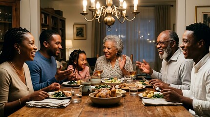 Happy multi-generational family enjoying a festive dinner at home