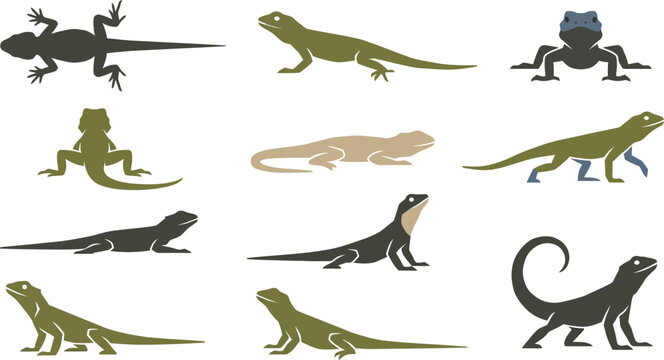 Minimalist lizard silhouette collection, set of reptile vector icons for nature and wildlife design projects