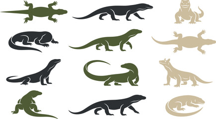 Fototapeta premium Minimalist silhouette collection of Komodo dragons in various positions for creative design and iconography