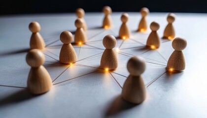 Obraz premium wooden pawn figures arranged on a table connected by drawn lines with small glowing connection points conveying teamwork and interconnectedness