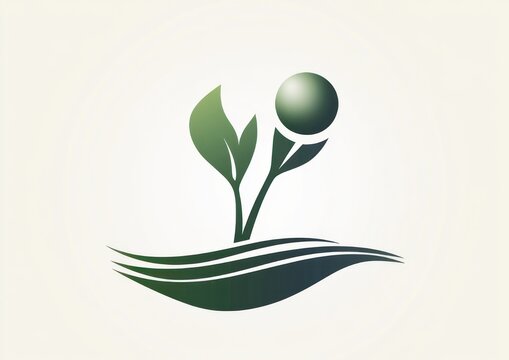 stylized green seedling with two leaves and round bud rising above layered curved ground lines, minimalist icon conveying growth, renewal and calm optimism