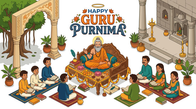 Happy Guru Purnima celebration with a wise guru teaching students in a traditional Indian setting with spiritual