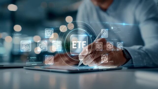 Businessman analyzing ETF investment platform with connected cloud computing, financial analytics, cybersecurity and smart business technology, illustrating digital finance and fintech innovation
