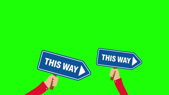 Cartoon Hands Holding This Way Directional Sign on Green Screen