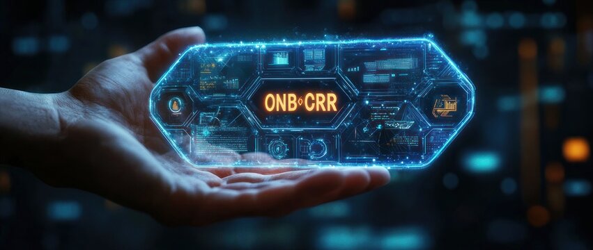 Hand holding a glowing blue holographic circuit interface displaying orange code ONB CRR, futuristic high-tech control and a sense of awe
