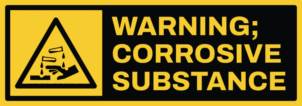 Yellow warning sign with corrosive substance symbol and text, indicating hazard and safety precautions, for industrial safety, chemical handling, and risk communication