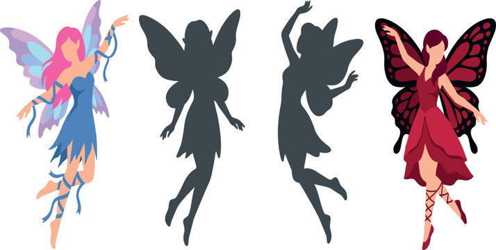 Beautiful Fairy Vector Character Set with Magical Pixie Costumes, Butterfly Wings, and Dark Silhouettes for Fantasy Graphic Design Projects and Storybook IllustrationsBeautiful Fairy Vector Character 