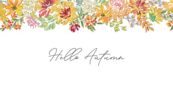 Crayon doodle autumn botanical background with hand painted dahlia, Autumn leaves, wild flowers for fabric, home decor and surface design. Vector file.	
