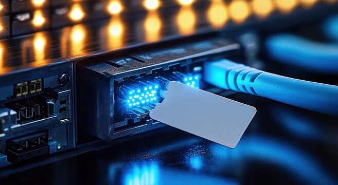 Close-up of a network switch port with glowing blue fiber optic connector, blue cable and blank white tag beside amber status LEDs conveying secure futuristic connectivity