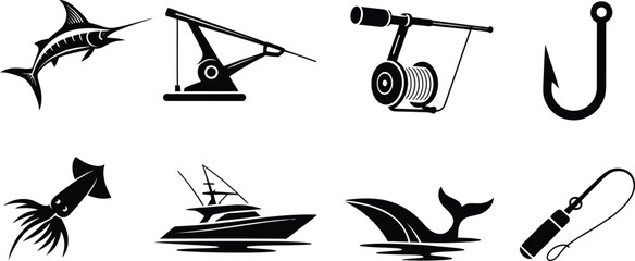 Deep Sea Fishing, Marine Life, and Nautical Equipment Silhouette Icon © Tamimkhangeox