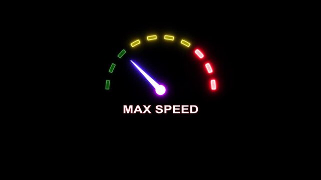 Neon glowing max speed indicator with increasing purple needle on black background.