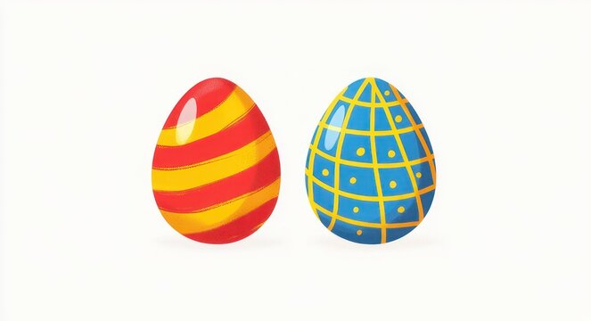 two glossy decorated eggs on white background, one red with yellow curved stripes and one blue with yellow grid and dots, bright cheerful and festive