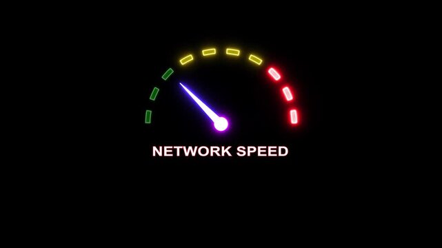 Neon network speed speedometer motion graphic showing high internet velocity.