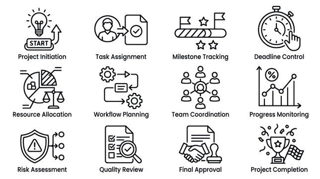 Collection of flat design icons representing various business and productivity concepts.