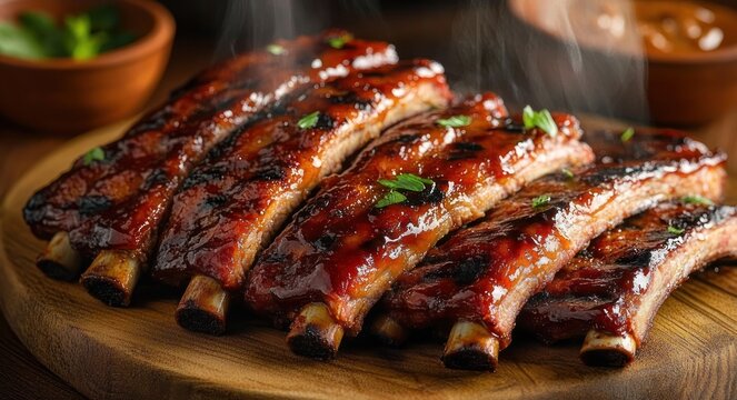 Steaming glazed barbecue pork ribs with charred sear marks on a wooden board, garnished with parsley and served with bowls of sauce, warm and mouthwatering