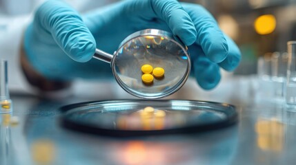 Fototapeta premium Gloved hands holding a magnifying glass inspecting three yellow tablets on a petri dish in a laboratory, conveying careful scientific scrutiny and precision