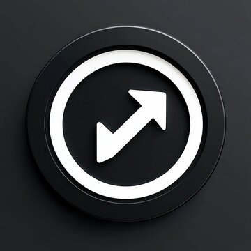 Glossy black circular icon with white ascending zigzag arrow inside concentric ring, sleek modern symbol of upward momentum and optimism