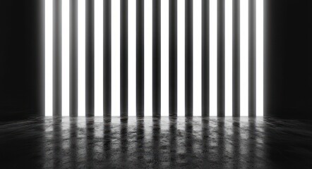 Naklejka premium row of vertical glowing white light bars in a dark industrial room reflected on a wet concrete floor, creating a dramatic eerie minimalist atmosphere