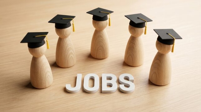 Wooden peg dolls wearing graduation caps standing behind white block letters spelling out the word jobs